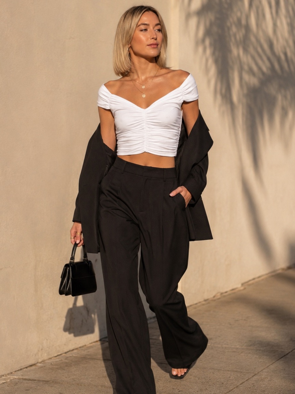David Lerner White Ruched Off Shoulder Crop Top XS Chic Basic